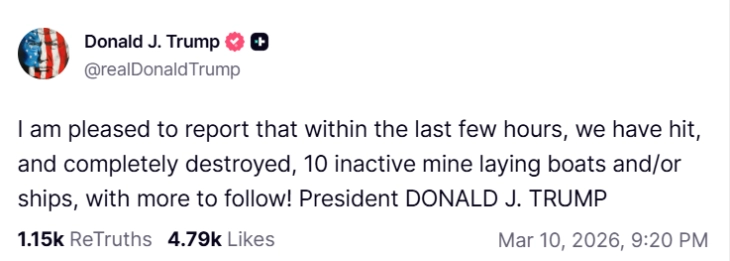 Трамп изјави дека САД уништиле 10 ирански бродови за поставување мини