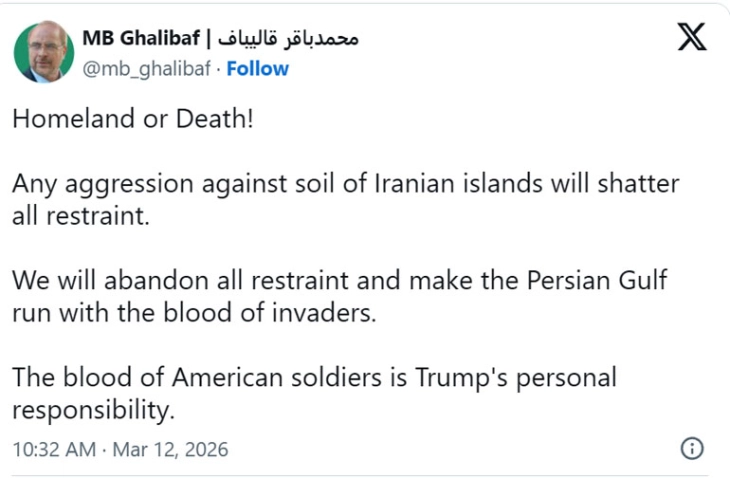 Галибаф: Ако САД ги нападнат иранските острови ќе го наполниме Персиски Залив со крвта на напаѓачите