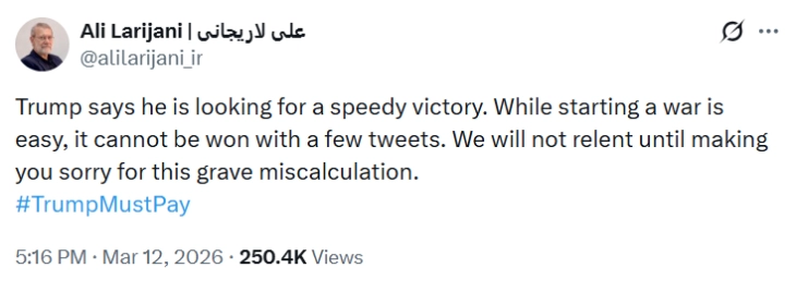 Лариџани му порача на Трамп: „Војната не се добива со неколку твитови“