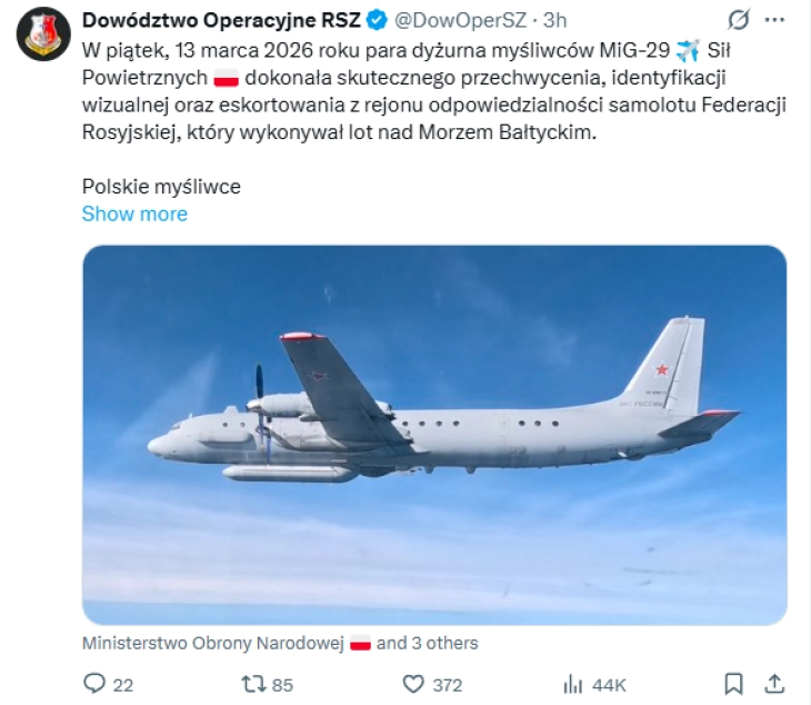 Полски ловци повторно пресретнаа руски извидувачки авион над Балтикот