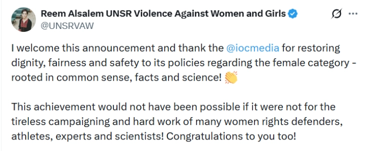 Функционерка на ОН го поддржа МОК за забраната за трансродови жени во женскиот спорт