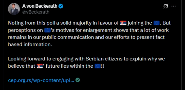 Фон Бекерат за ново истражување: Цврсто мнозинство во Србија го поддржува пристапувањето во ЕУ