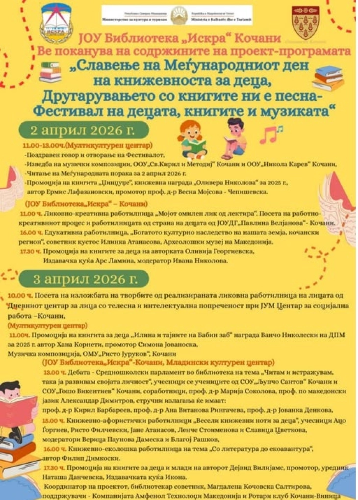 На 2 и 3 април кочанската библиотека„Искра“ ќе го одбележи Меѓународниот ден на книжевноста за деца