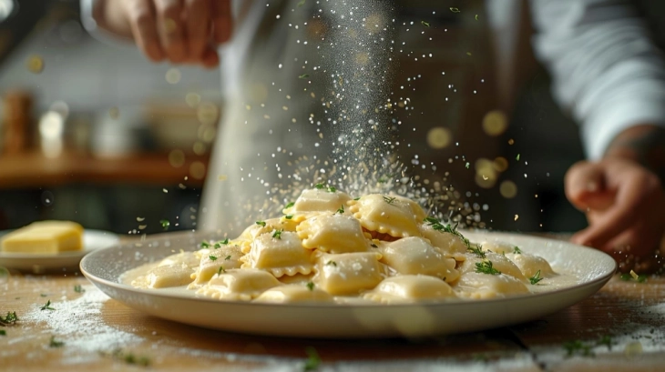 Njoki në salcë kremoze me kungulleshka dhe kërpudha