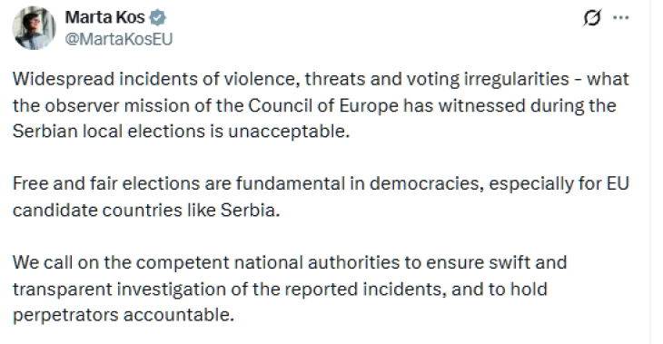 Реакција на Марта Кос за локалните избори во Србија одржани на 29 март
