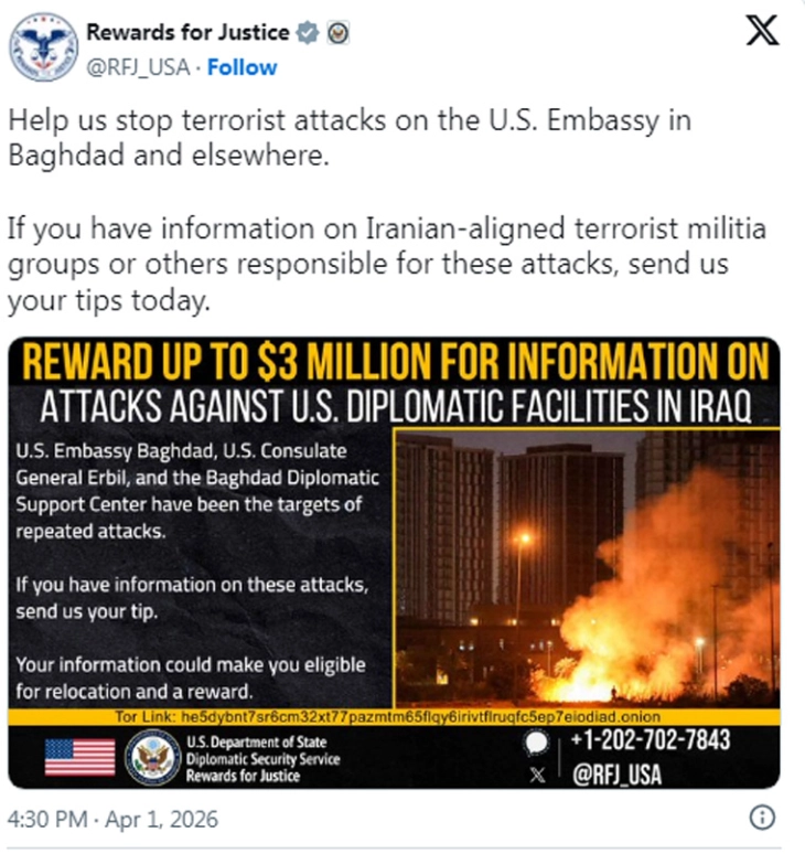 Departamenti amerikan i Shtetit ofron shpërblim prej tre milionë dollarëve për informata lidhur me sulmet ndaj objekteve amerikane në Irak