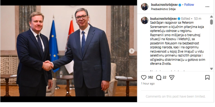 Вучиќ по средбата со Соренсен: Потезите на Приштина ги засилуваат тензиите и ја загрозуваат стабилноста