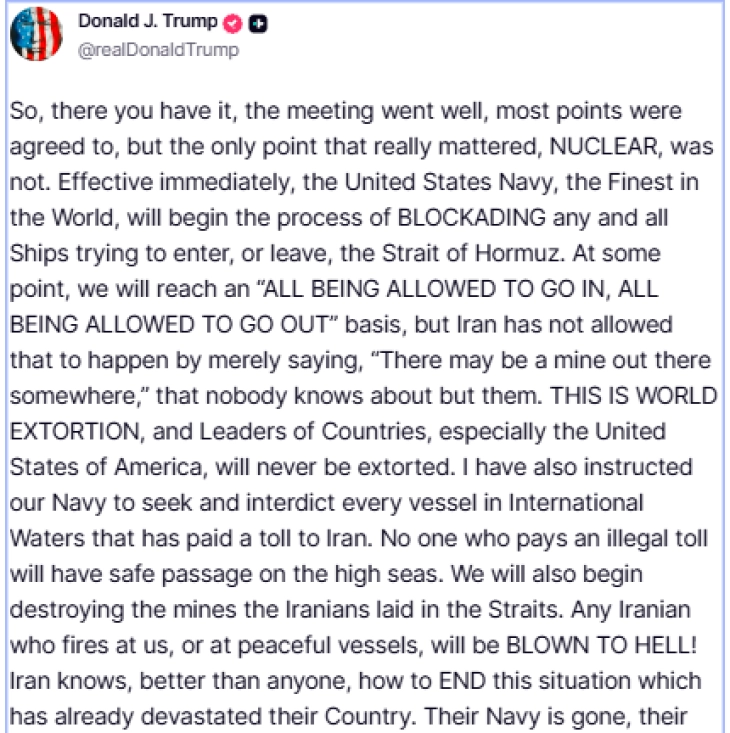 Tramp: SHBA-ja menjëherë do të fillojë të bllokojë anije në Ngushticën e Hormuzit