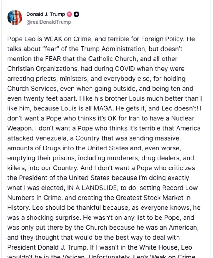 Trampi e ka sulmuar ashpër papën Leoni XIV pas thirrjes së tij kundër luftës