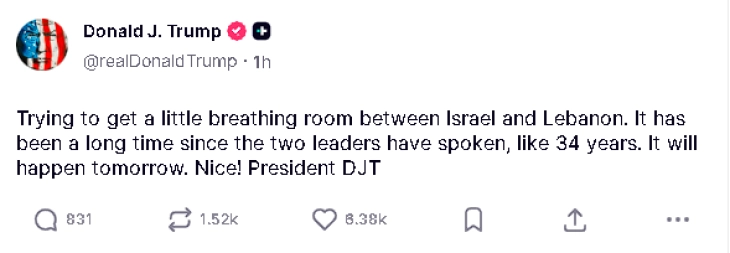 Трамп: Денеска разговори меѓу Израел и Либан