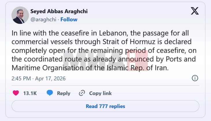 Aragçi: Ngushtica e Hormuzit është plotësisht e hapur për trafik komercial