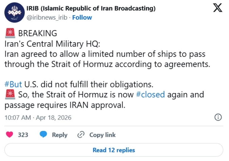 Iran reimposes control over Strait of Hormuz, citing US blockade